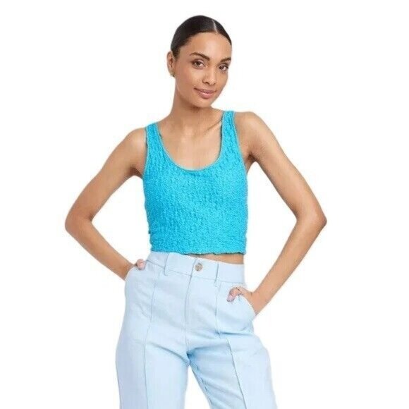 A New Day Women XXL Panama Bright Blue Pucker Texture Slim Fit Cropped Tank Top - Picture 1 of 5
